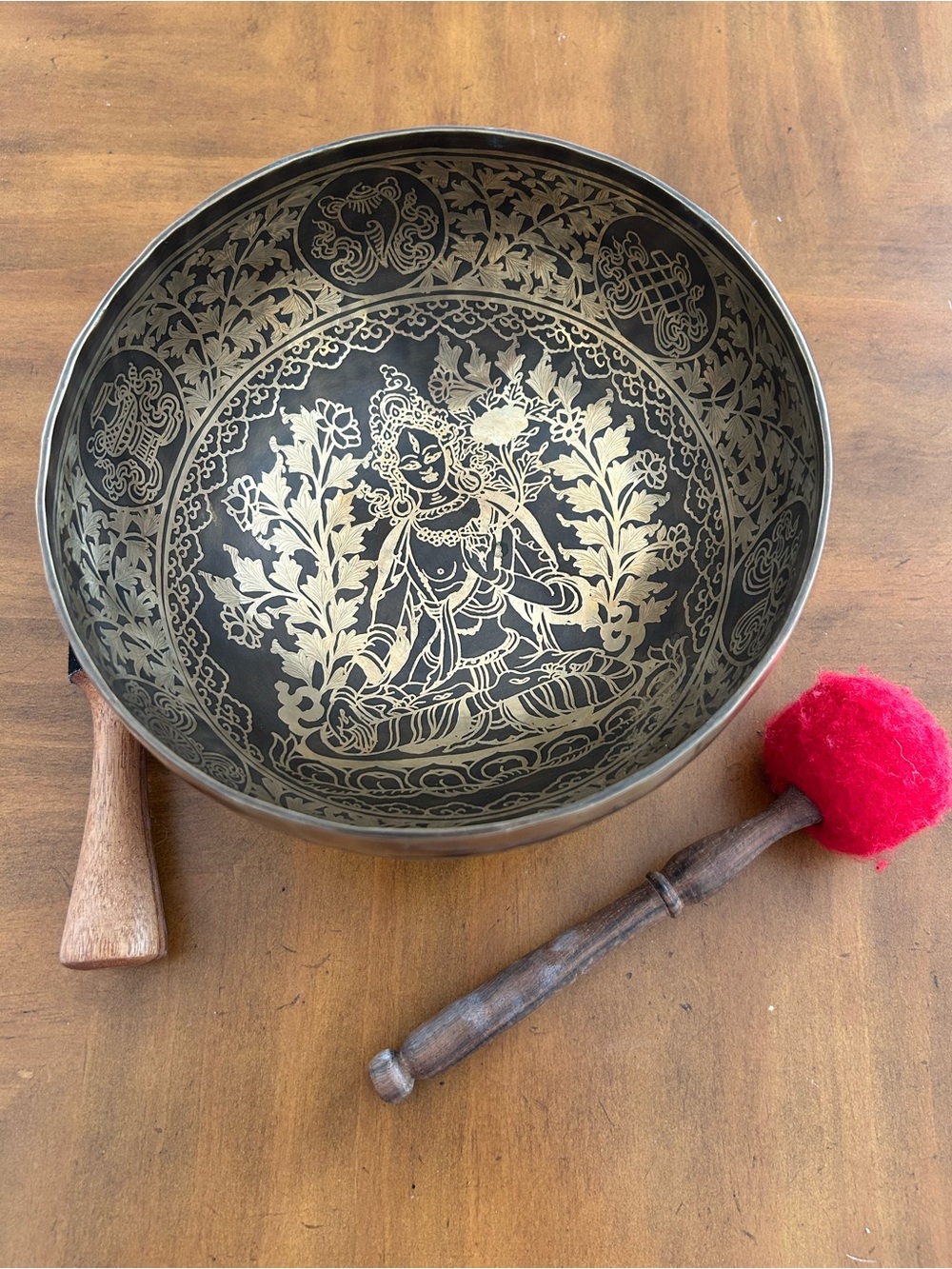 XL Handmade Nepalese Tibetan Singing Bowl Meditation Set Engraved Brass
